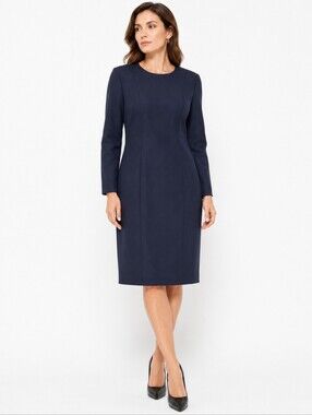 Hugo Boss Timeless Navy Blue Wool Long Sleeve Elegant Career Wear Sheath Dress